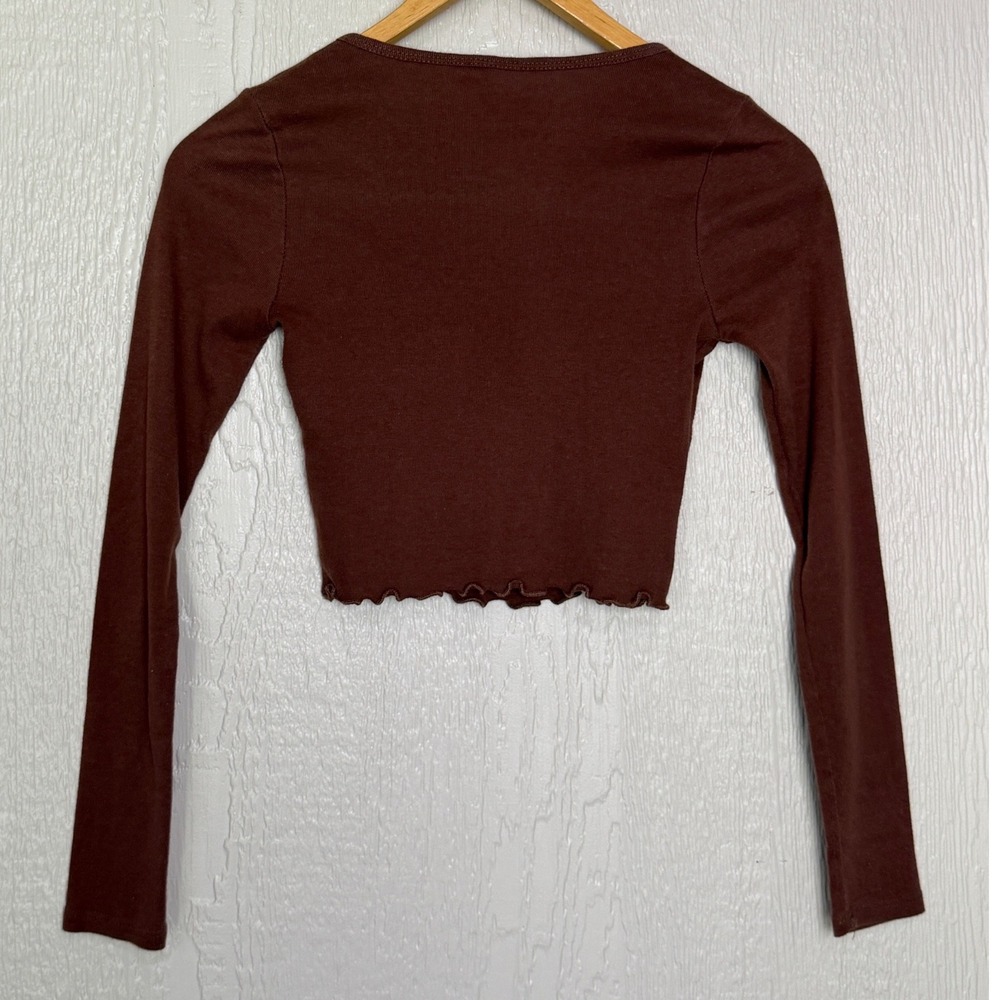 PacSun Pac Cares Brown Ribbed Long Sleeve Crop Top Lettuce Hem XS - Picture 2 of 6